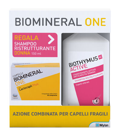 BIOMINERAL ONE LACTOCAPIL 30 COMPRESSE + BIOTHYMUS SHAMPOO DONNA RISTRUTTURANTE 150 ML image not present